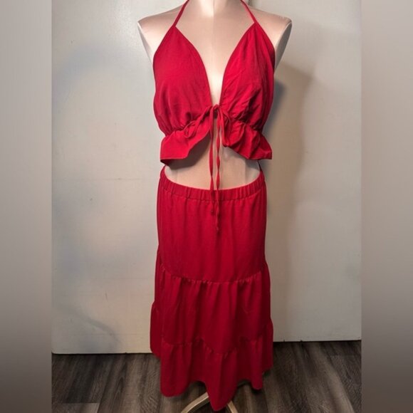 Dresses & Skirts - Stylish red halter top and skirt set perfect for